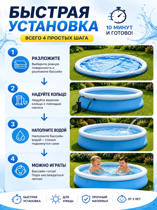 Детский надувной бассейн Bestway Fast Set 152×38 см, 477 л, трехслойный Tritech