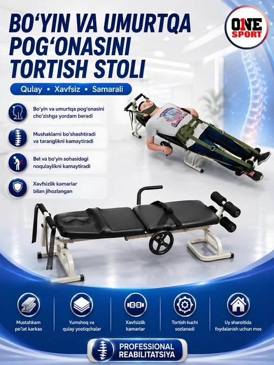 Professional umurtqa pog‘onasini tortish va reabilitatsiya stoli