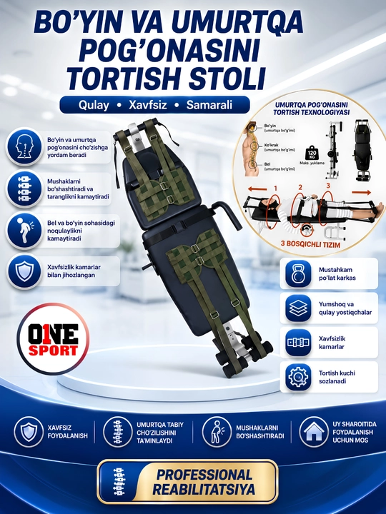 Professional umurtqa pog‘onasini tortish va reabilitatsiya stoli