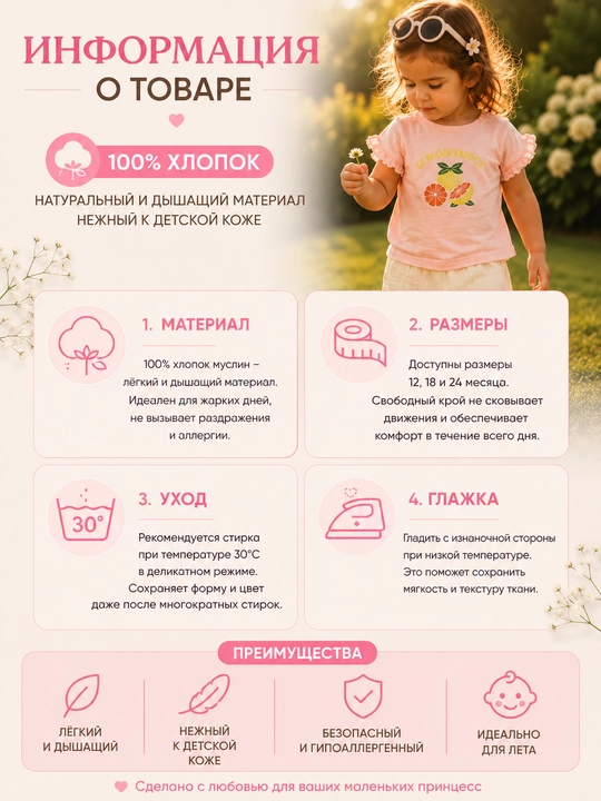 Komplekt, qiz bolalar uchun yozgi kostyum: futbolka va muslin shorti, 100% paxta