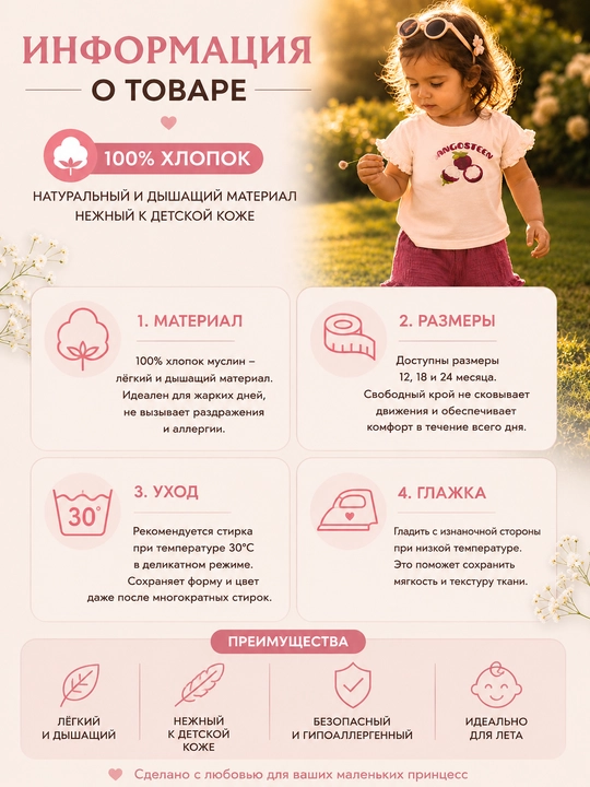 Komplekt, qiz bolalar uchun yozgi kostyum: futbolka va muslin shorti, 100% paxta
