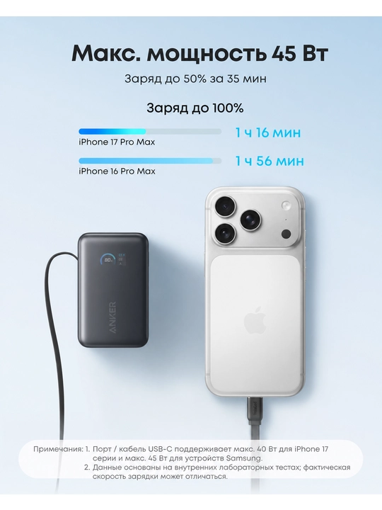 Anker Nano quvvatlantirish banki (10K mAh, 45w o‘rnatilgan va yig‘iladigan USB-C kabeli)