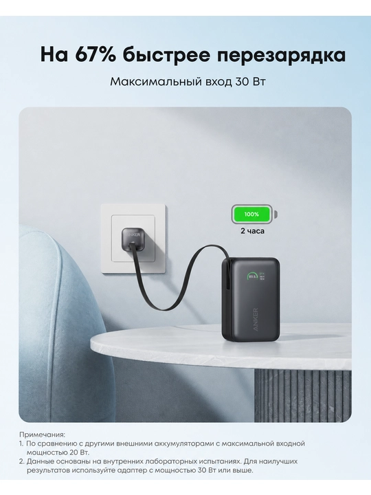 Anker Nano quvvatlantirish banki (10K mAh, 45w o‘rnatilgan va yig‘iladigan USB-C kabeli)