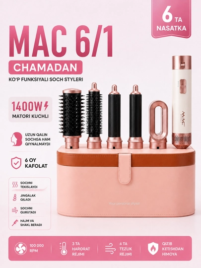 Soch uchun professional Mac Stayler MC-6766 fen-stayleri, 6 ta 1 da soch turmagi va ployka - 