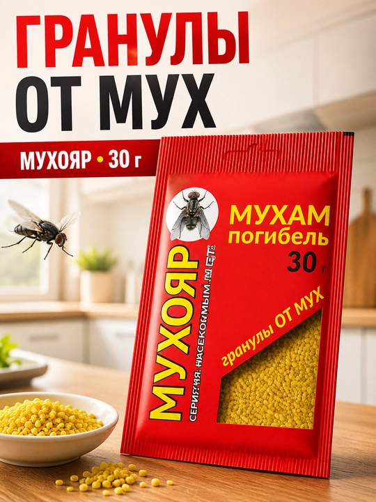 Гранулы от мух Мухояр, средство для дома и дачи, 30 г - 