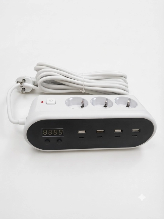 Сетевой фильтр с часами, 3 розетки и 4  USB-A +4 Type-C портов умный удлинитель 5м - 