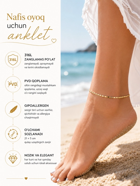 Single Diamond nafis oyoq bilaguzugi — 14K Gold PVD qoplamali, oyoq bilaguzuglari, anklet