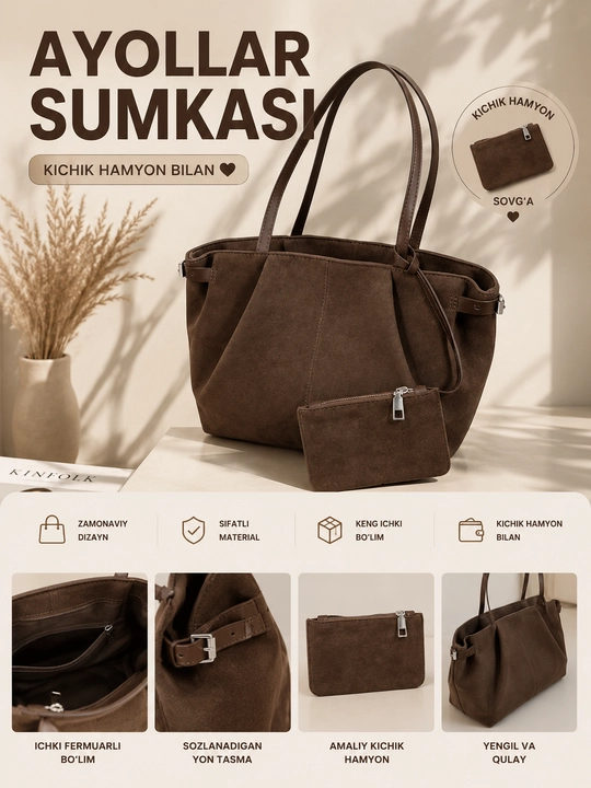 Ayollar uchun katta sumka, kundalik shopper va tout sumka, keng ichki bo‘limli - 