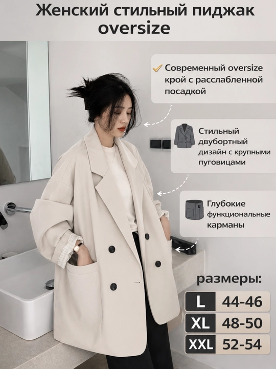 Женский пиджак oversize — не плотная, подходит для тёплых дней осени и весны