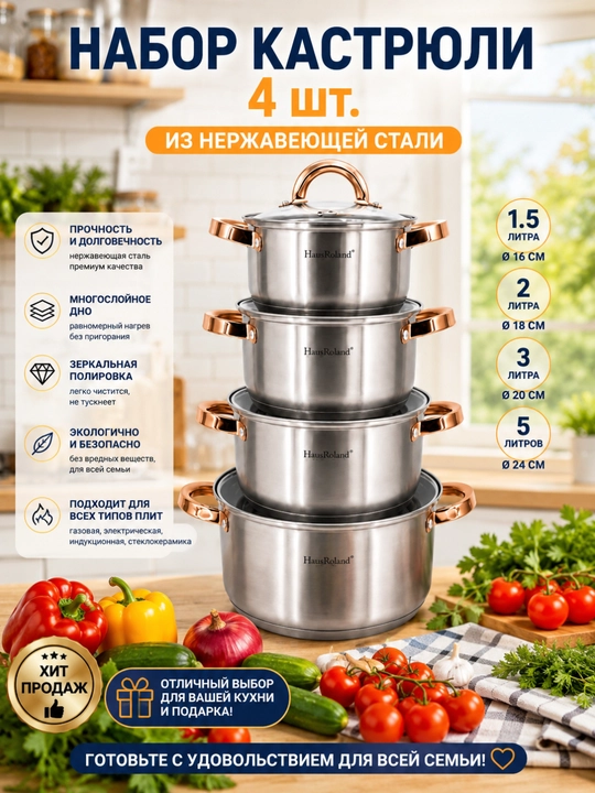 Набор кастрюли из нержавейки 4шт - 