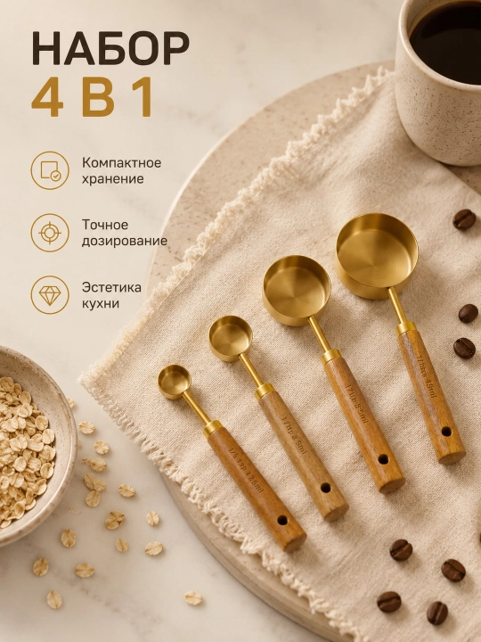 Мерные чаши и ложки золотистые, с деревянными ручками, набор 4 предмета