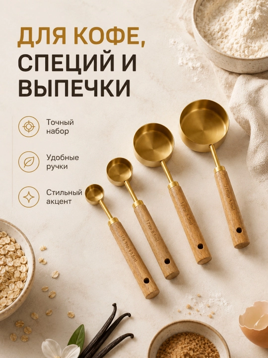 Мерные чаши и ложки золотистые, с деревянными ручками, набор 4 предмета