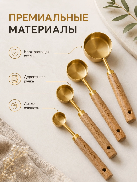 Мерные чаши и ложки золотистые, с деревянными ручками, набор 4 предмета