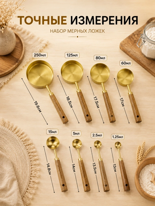 Мерные чаши и ложки золотистые, с деревянными ручками, набор 4 предмета