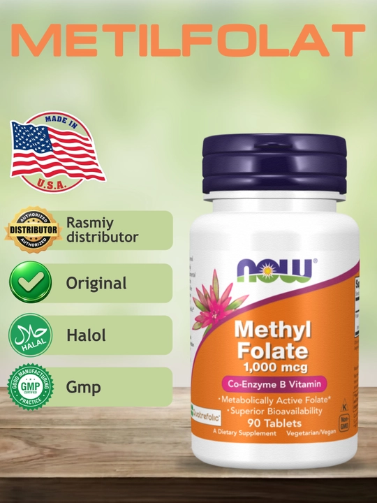 NOW Supplements, Metil folat 1000 mkg, metabolik faol folat *, 90 tabletka Halol - 
