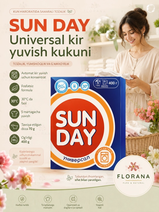 Sunday Универсал kir yuvish kukuni konsentrat fosfatsiz avtomat 400g  