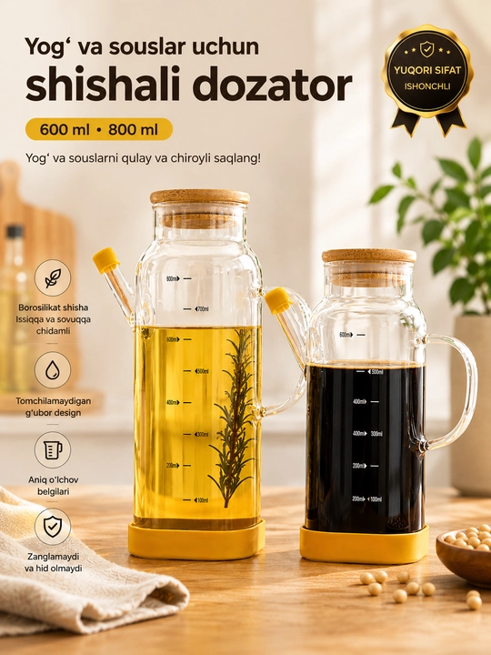 Yog‘ va sous uchun shisha dozator, soya sousi idishi, yog‘ quyadigan grafin 600/800 ml