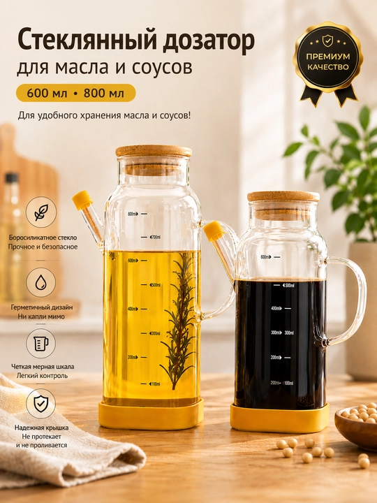 Yog‘ va sous uchun shisha dozator, soya sousi idishi, yog‘ quyadigan grafin 600/800 ml