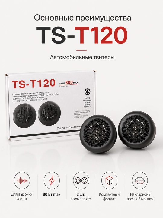 Автомобильные твитеры TS-T120, 20 Вт, 80 Вт max, комплект 2 шт