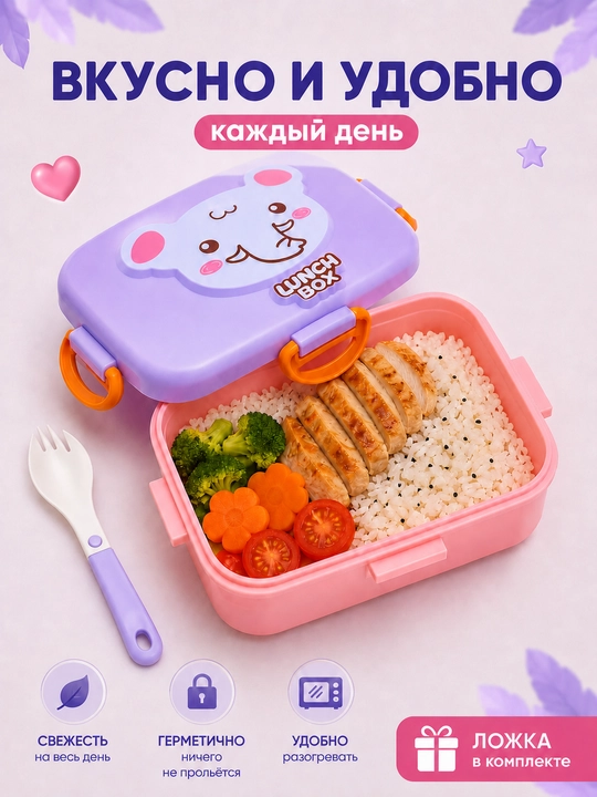 Детский ланч бокс с ложкой и вилкой, контейнер для еды 650/750 мл, 2 отделения, lunch box