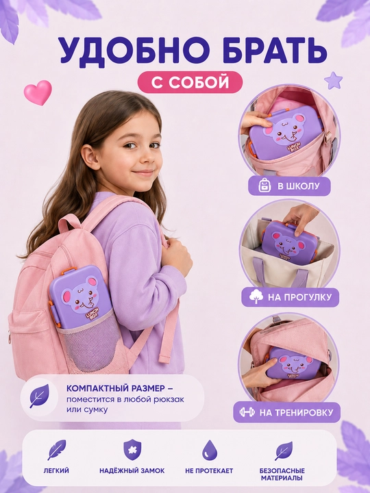Детский ланч бокс с ложкой и вилкой, контейнер для еды 650/750 мл, 2 отделения, lunch box