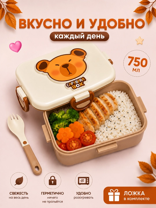 Детский ланч бокс с ложкой и вилкой, контейнер для еды 650/750 мл, 2 отделения, lunch box
