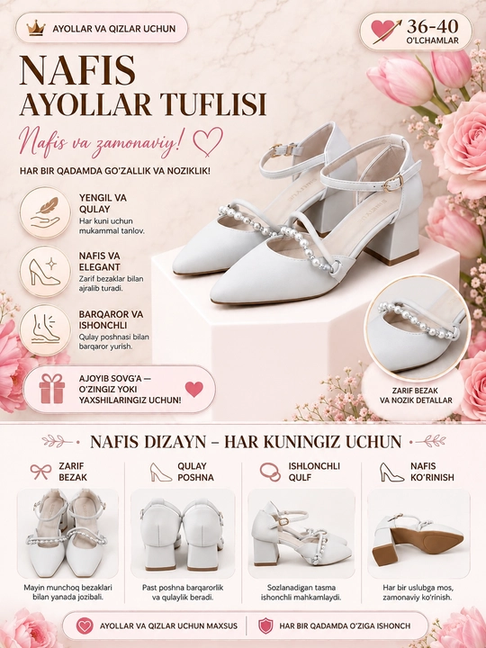 Ayollar va qizlar uchun past poshnali tuflilar - 