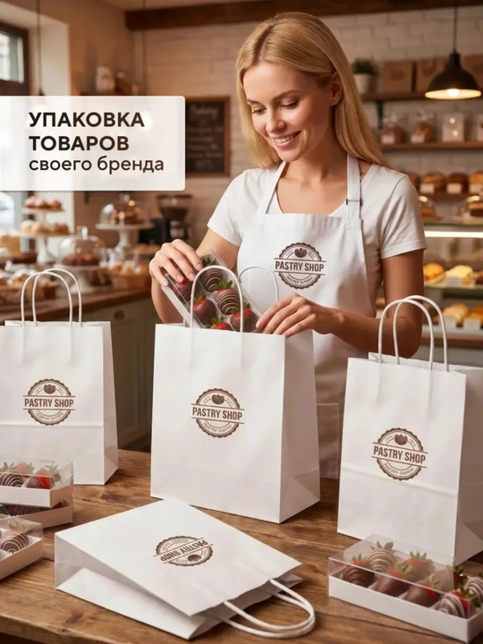 Oq qog‘oz paket ipli tutqichli, sovg‘a va xarid uchun kraft paket, brending uchun