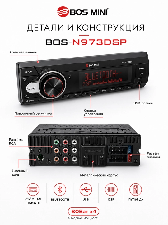 Автомагнитола BOS-MINI BOS-N973DSP с Bluetooth, USB и DSP, 80 Вт x4