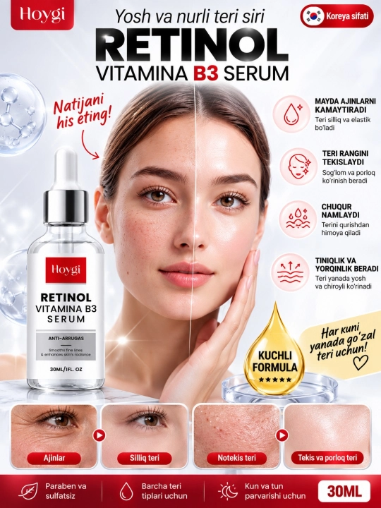 Yuz uchun serum, vitamin C, vitamin E, retinol, niatsinamid, peptid, kofe yog‘i - 