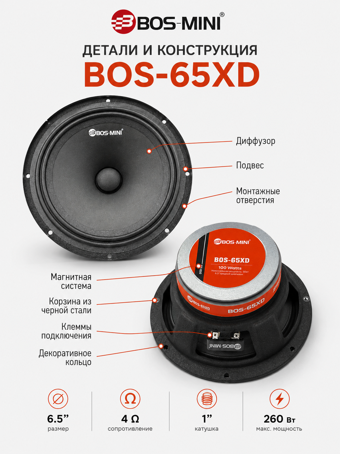 Среднечастотный динамик BOS-MINI BOS-65XD 6,5″, 260 Вт, 4 Ом - 