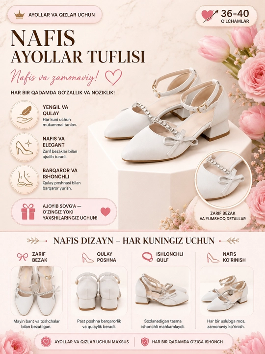 Ayollar va qizlar uchun past poshnali tuflilar - 