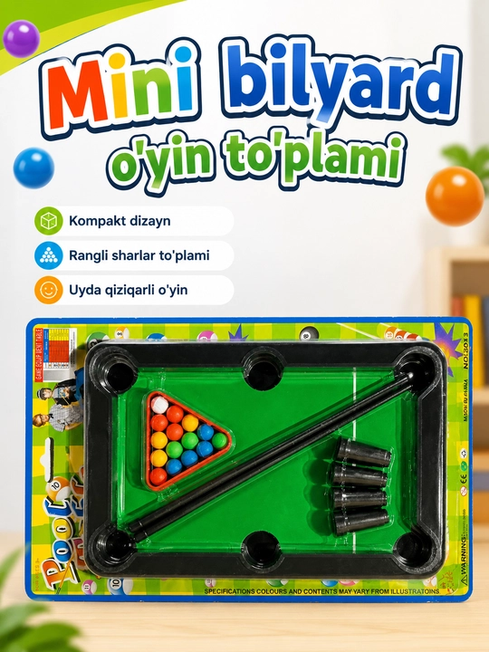 Bolalar uchun mini bilyard o‘yin to‘plami, 2 ta kiy va rangli sharlar bilan, 3+ yosh - 