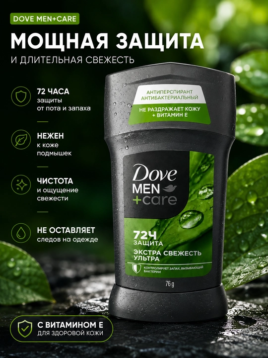 Мужской антиперспирант Dove Men+Care 72 часа защиты, Extra Fresh, витамин E, 76 г