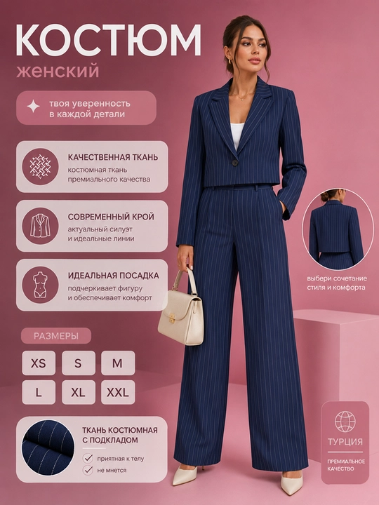 Женский костюм, в размерах XS, S, M, L, XL, Турция - 