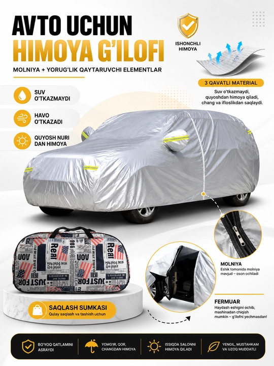 Avtomobil uchun himoya tenti, astarli, zamokli va suv oʻtkazmaydigan - 