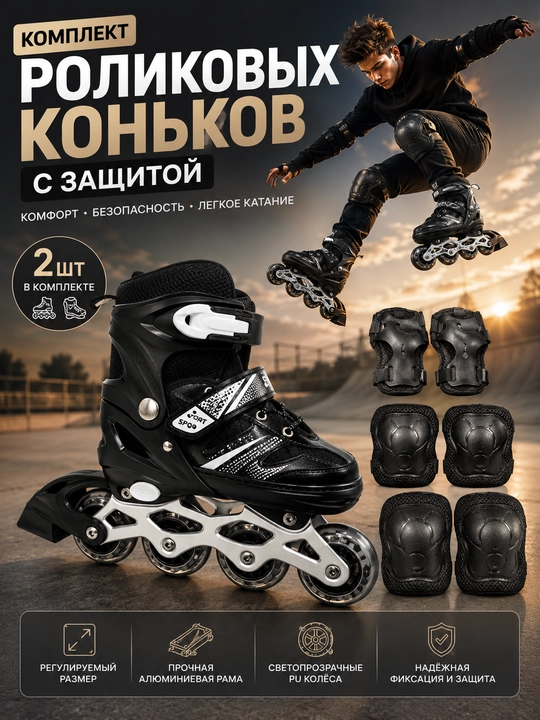 Роликовые коньки, ролики детские, с защитой, комплект роликов, раздвижные - 