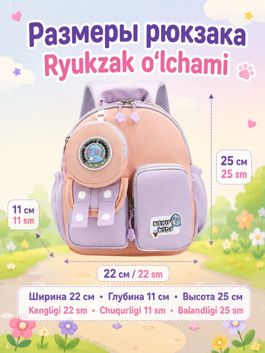 Bog‘cha va sayr uchun bolalar ryukzagi, cho‘ntakli kichik maktabgacha ryukzak