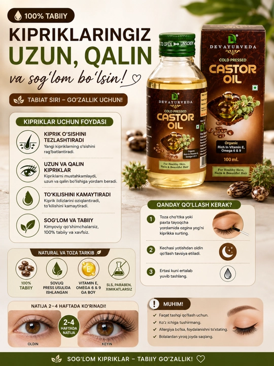 Castor yog`i, Soch, kirpik, tirnoq o'sishi uchun sovuq presslangan kastor yog'i, 100 ml