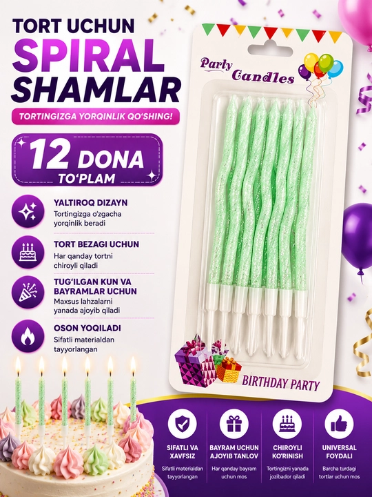 Tort uchun uzun, to‘lqinsimon, spiralsimon shamlar - 