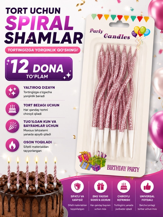 Tort uchun uzun, to‘lqinsimon, spiralsimon shamlar - 