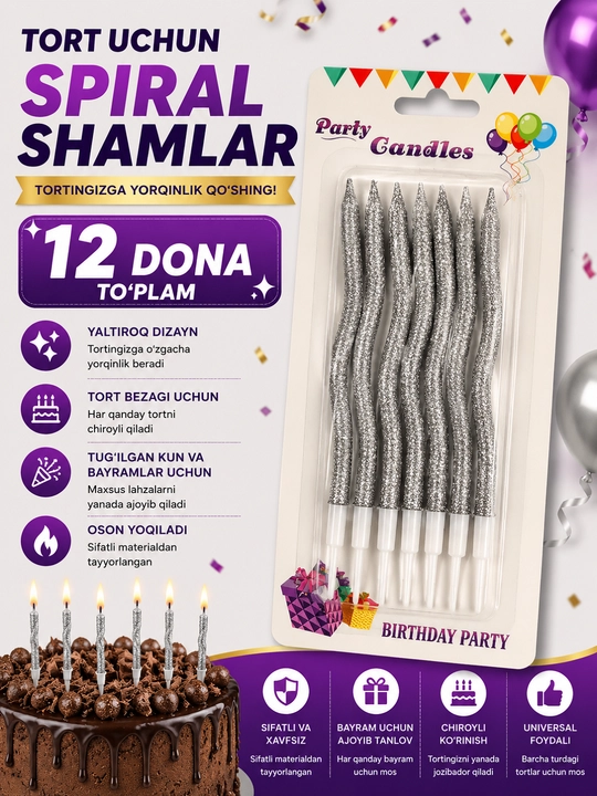Tort uchun uzun, to‘lqinsimon, spiralsimon shamlar - 