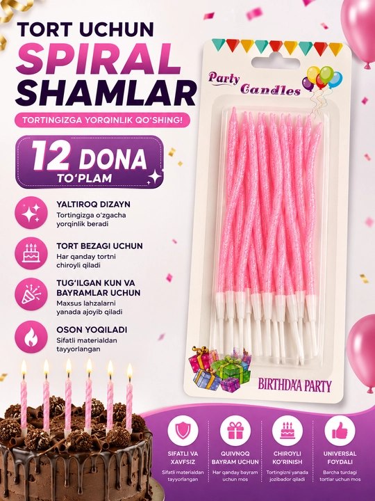 Tort uchun uzun, to‘lqinsimon, spiralsimon shamlar - 