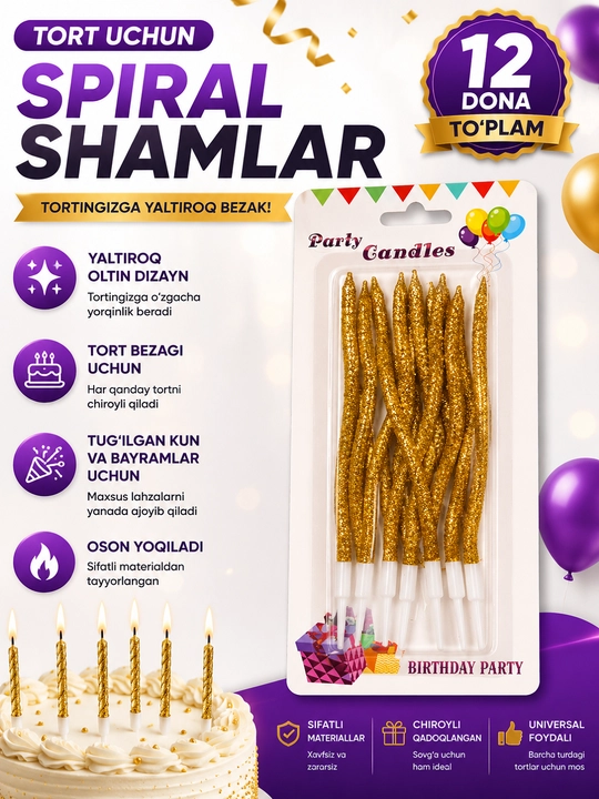 Tort uchun uzun, to‘lqinsimon, spiralsimon shamlar - 