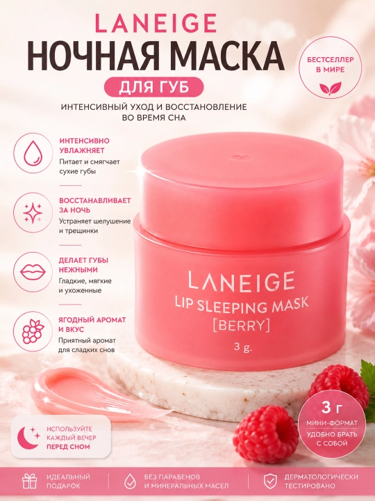 Бальзам и маска для губ Laneige, увлажняющая, восстанавливающая гигиеническая помада, 3 гр - 