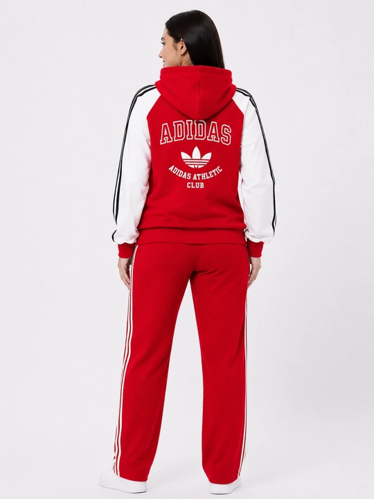 Ayollar sport kostyumi Adidas, kapyushonli, ikki qismli, trikotaj sport kostyumi