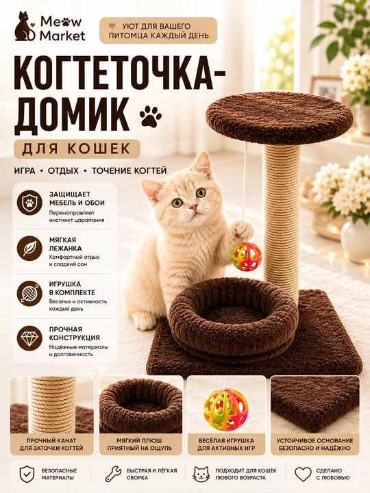Когтеточка-домик для кошек с лежанкой и игрушкой - 