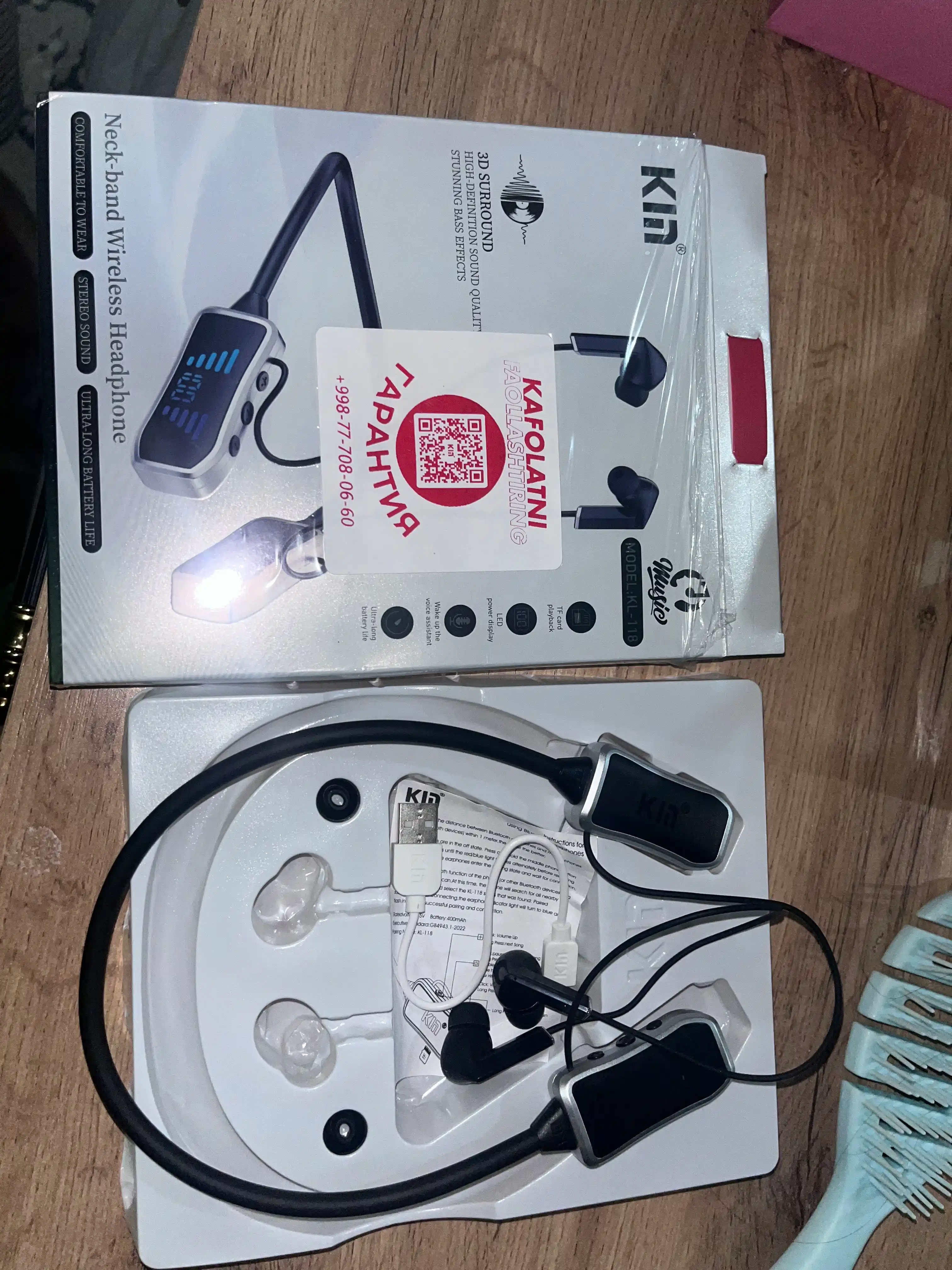 Simsiz quloqchin KIN KL50/118 Bluetooth 5.4, LED displey, 400 mAh batareya, TF-karta