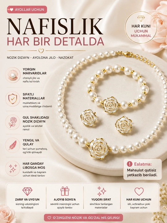 Ayollar uchun zamonaviy taqinchoqlar to‘plami: marjon va ziraklar - 