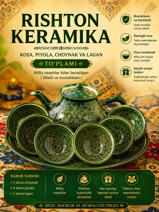 Qo‘lda ishlangan rishton sopol choy servizi – milliy naqshli to‘plam
